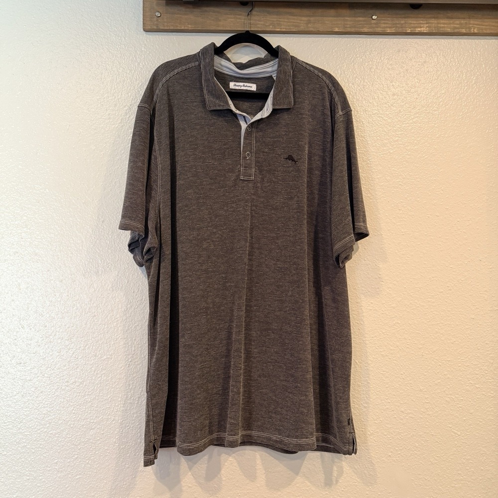 Tommy Bahama Polo Shirt Men's 3XLB Gray Stripe TENCEL Modal Marlin Logo